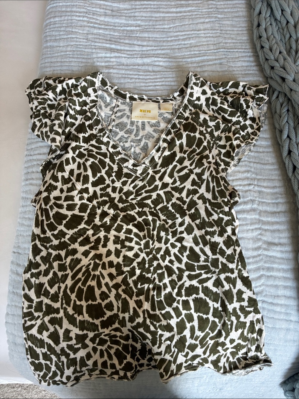 Maeve Olive & White Abstract Print V-Neck Flutter Top
